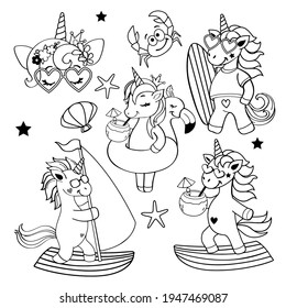 Cute summer unicorn collection with surfboard solated. Vector illustration coloring book for children