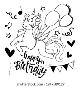 A cute summer unicorn flies in  balloons for birthday. Vector illustration one line on for coloring book, design for t-shirt