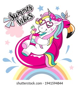 A cute summer unicorn floats on an inflatable flamingo and the inscription summer vibes. Vector illustration for t-shirt design, greeting cards