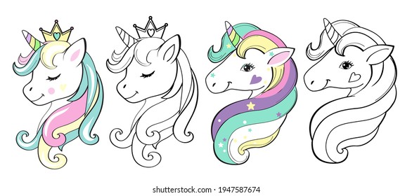 Cute summer unicorn head isolated. Vector illustration coloring book for children