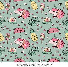 Lindos padrões de crianças de unicórnio de verão. Design de padrão infantil.