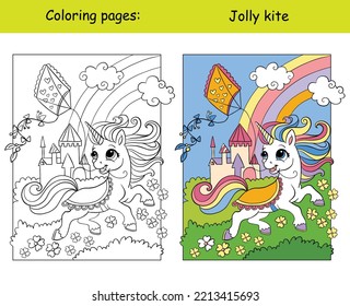 Cute summer unicorn with kite. Kids coloring with color template. Vector cartoon illustration isolated on white background. For education, print, game, decor, puzzle, design