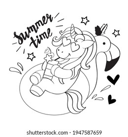 A cute summer unicorn lies on an inflatable flamingo in one line. Vector illustration for coloring book for children, t-shirt design