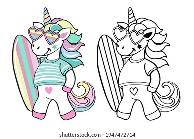 Cute summer unicorn with surfboard isolated. Vector illustration coloring book for children