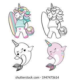 Cute summer unicorn with surfboard and whale unicorn isolated. Vector illustration coloring book for children