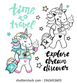 Cute summer unicorn traveler with a suitcase. Vector illustration for coloring book for children. Time to travel lettering, explore dream discover