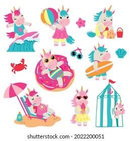 Cute summer unicorns at the beach vector art set.