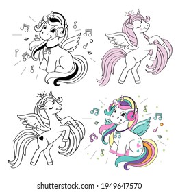 Cute summer unicorns one line collection. Vector illustration coloring book for children on a white background