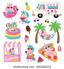 Cute summer unicorns vector art set.