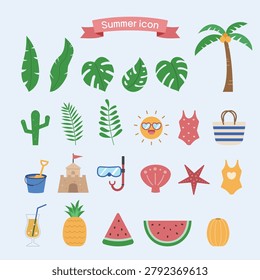 Cute summer vacation and beach icon set