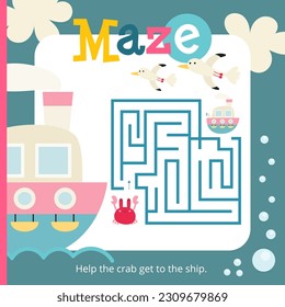 Cute Summer Vacation Maze game for children. Help Crab get to Ship. Vector illustration. Labyrinth for kids activity book. Book square format.