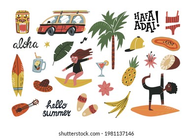 Cute summer vacation on Hawaii or Guam Islands set. Retro bus with surfboards, palm tree, surfers, ukulele, flowers funny lettering and various beach vacation accessories.