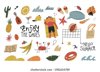 Cute summer vacation, pastime, sports and characters set. Shells, waves and sand. Man having sun bath, cute sea star, crab. Book, ukulele, beach volleyball. Hand lettering Hello summer,Enjoy the waves