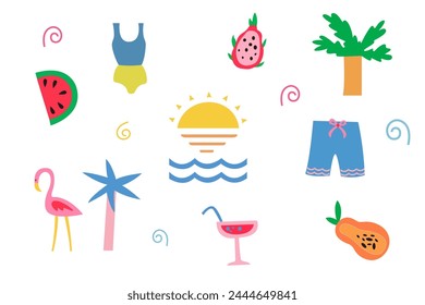 Cute summer vacation seamless pattern with tropical fruits, swimsuit and palm leaf vector on a white background