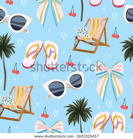 Cute Summer Vacation Seamless Vector Pattern with Beach Chair, Sunglasses, Bow, Palm Trees, and Beach Slippers. Modern Italian Dolce Vita Design for Fabric, Wrapping Paper, and Stationery
