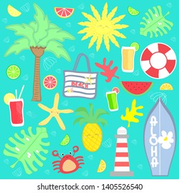 Cute summer vacation set vector illustration background