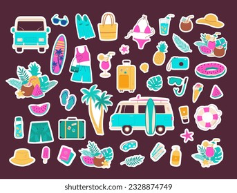 Cute summer vacation stickers set for daily planner in neon color. Cartoon flat vector illustration. Road trip, beach activity, swimwear, luggage, cocktail, ice cream, car, surfboard, fruits and drink