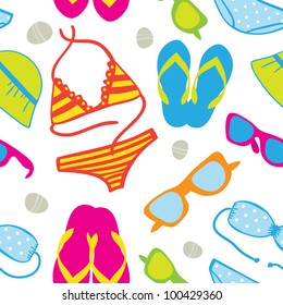 Cute summer vacations seamless background with  bikini sets, sunglasses, flip-flops and sun hats
