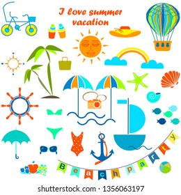Cute summer vector icons. Bright summer poster. Collection of scrapbooking elements for beach party.