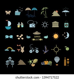 Cute summer vector icons on the black. Summer vacation poster. Collection of scrapbooking elements for beach party.
