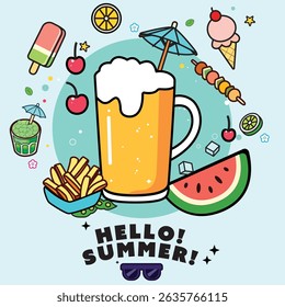 Cute summer vector illustration with beer, watermelon, fries, ice cream, and tropical drinks. Fun seasonal design for vacation, posters, and digital stickers.