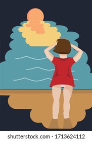 Cute summer vector illustration of a little girl on the beach. The girl covers her hand with her face from the sun.