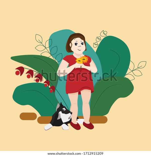 犬を連れた少女の可愛い夏のベクターイラスト 花を手に持つ女の子 のベクター画像素材 ロイヤリティフリー