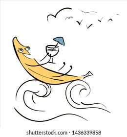 Cute summer vector images with banana, which relax and drink cocktail on the sea waves.