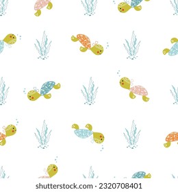 Cute summer vector pattern with baby sea turtles swimming underwater. Funny sea animals print for girly textile, wrapping paper