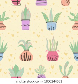 Cute summer vector seamless hand drawn pattern of house plants .Pretty and bright,pastel colors.Perfect for fabric,textile,cards,templates,poster,cover,wrapping paper.