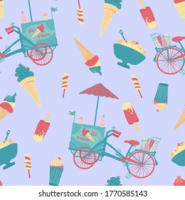 Cute summer vector seamless pattern with ice cream bike and different kinds of ice cream