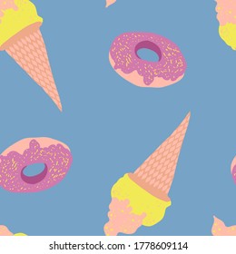 Cute summer vector seamless pattern with ice cream and donuts