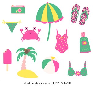 Cute summer vector set with beach design elements and characters for children birthday parties and baby showers