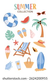 Cute summer vertical element set. Vector illustration with beach accessories, ice cream, watermelon, lifebuoy, surfboard, palm tree and summer clothes. Flat collection isolated on white background.