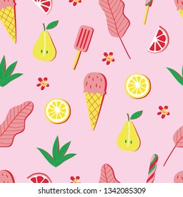 cute summer very gentle pattern on a pink background with fruit, ice cream, flowers, pear, grapefruit, leaf. Seamless print for backgrounds, wallpapers, fabrics, clothing, packaging, texture