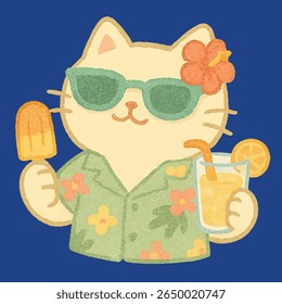 Cute Summer Vibes Cat Relaxing in Tropical Mood

The background includes sunny skies, tropical leaves, and soft pastel tones. This cheerful and aesthetic illustration is perfect for seasonal designs, 