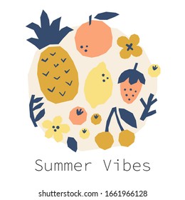 Cute Summer Vibes poster with abstract fruits collage, cut paper pieces immitation, trendy minimal graphic design style, vector illustration