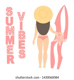 cute summer vibes vector card with girl holding a surfboard 