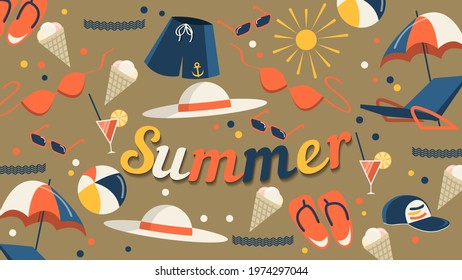 cute summer wallpaper with beach items and the colored word "Summer". ice cream, sunglasses, shorts, umbrella, beach sneakers, cocktail, baseball cap, hat, ball, swimsuit. vector
