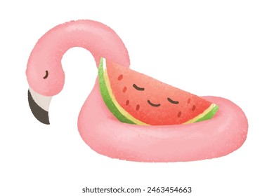 Cute Summer Watermelon Flamingo Pool Float Mascot Cartoon Character In Doodle Style