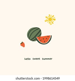 Cute summer watermelon  slices and strawberry. Cozy hygge scandinavian style template for postcard, greeting card, t shirt design. Vector illustration in flat hand drawn cartoon style 