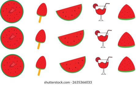 Cute Summer Watermelon Vector Set with Fruit Slices, Ice Cream, and Juice Drinks for Fun Tropical Food Designs