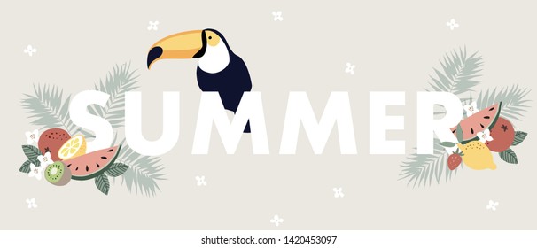 Cute Summer web banner with toucan bird, exotic fruit, flowers and palm leaves. Seasonal greeting card, invitation. Floral background. Vector illustration, flat design.