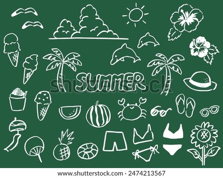 Cute summer white line drawing item set.
white chalk style on blackboard.