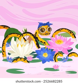 Cobra amarela de verão bonito com flor de lírios de água e folhas no fundo rosa. Símbolo do ano. Personagem de criatura réptil mágico de ilustração vetorial