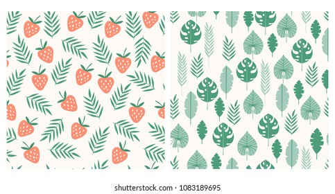 Cute summertime set of patterns. Vector tropical leaves and strawberries.