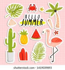 cute summertime stickers set with flamingo, pineapple, palm tree, crab, flowers on pastel pink background. Vector stickers set tmplate