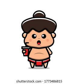 Cute Sumo Boy Drink Water Vector Icon Illustration. Isolated on white background. Cartoon Style Suitable for Sticker, Web Landing Page, Banner, Flyer, Mascots, poster.