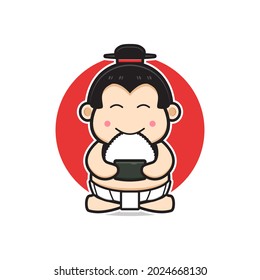 Cute sumo eat onigiri cartoon icon illustration. Design isolated flat cartoon style