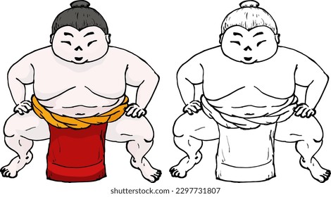 Cute sumo wrestler in battle stance position ready for the challenge, isolated against white. Hand drawn vector illustration.